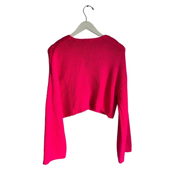 Forever 21 Bright Neon Pink Bell Sleeve Large Knit Button Up Cardigan size Large - Picture 2 of 6